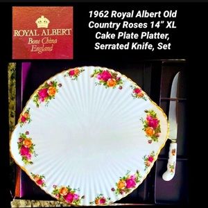 1962 Royal Albert Old Country Roses 14” x 12” XL Cake Plate Platter,& Knife